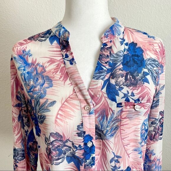 Kut from the Kloth Pink Blue Floral Sheer Relaxed Roll Tab Button Down Top S - Picture 2 of 8